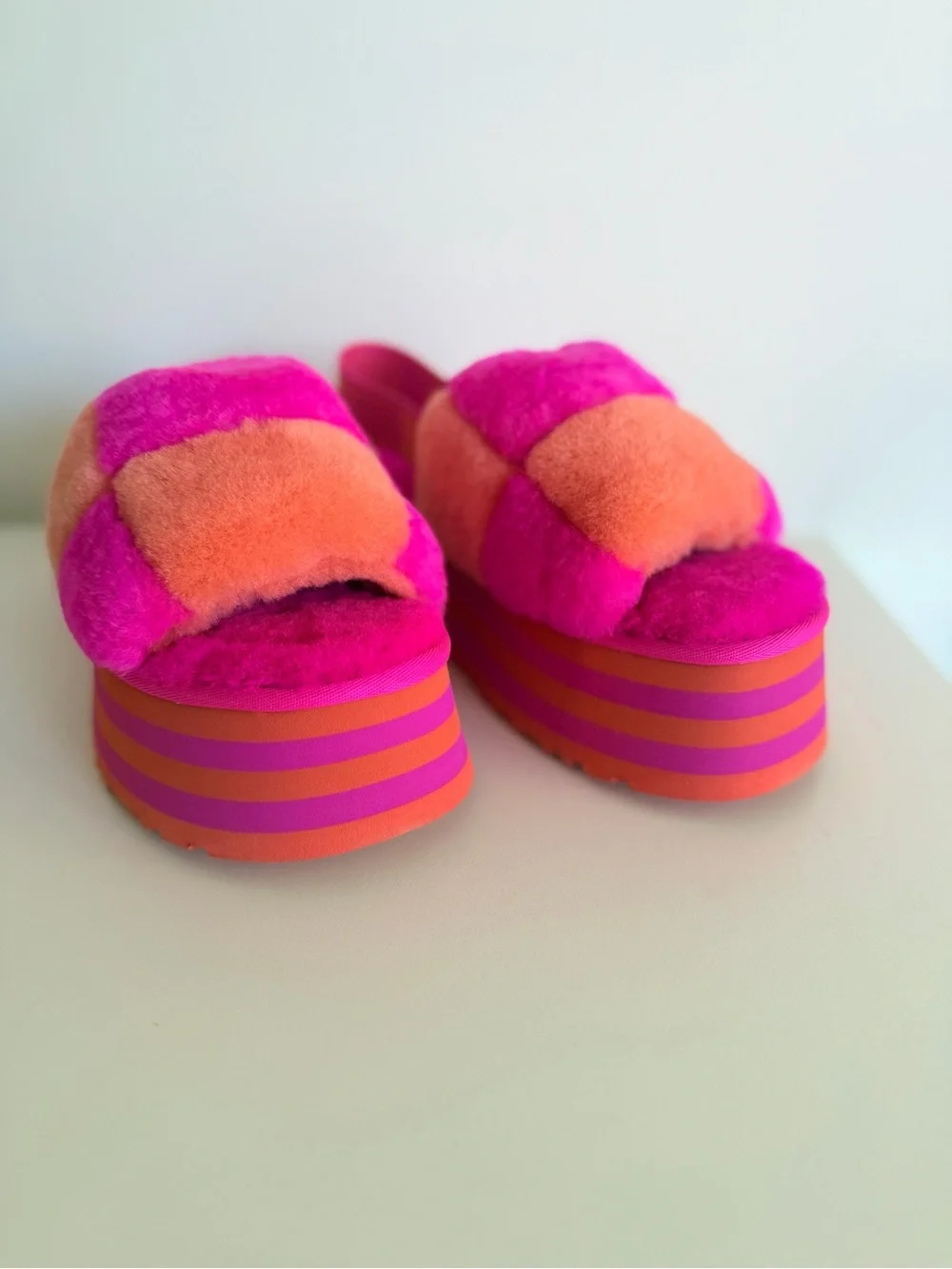 UGG Checker Pink and Orange Platform Fluff Slides